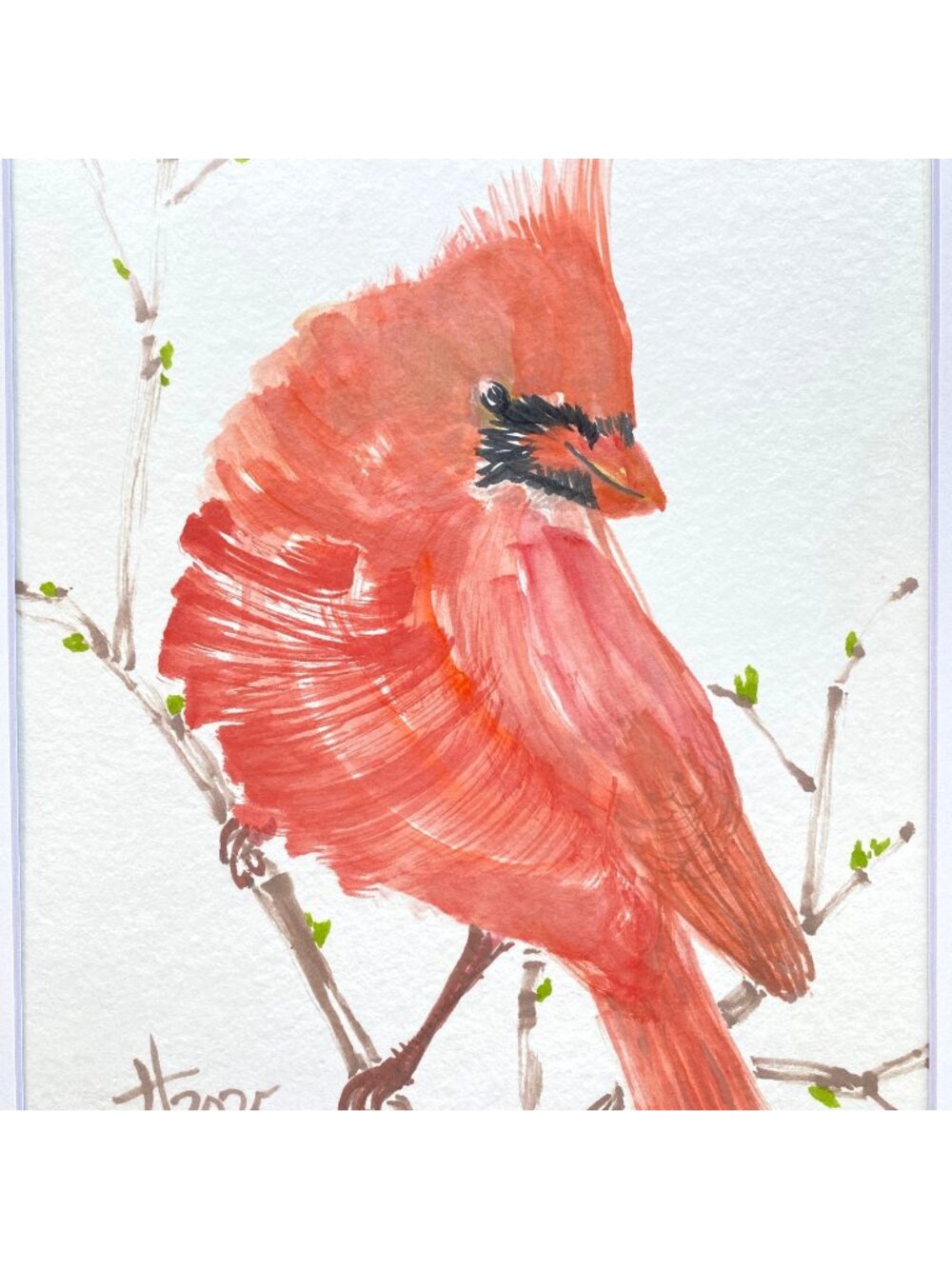 Red Cardinal Asian Sumi Ink Watercolor Bird Painting 11x14in Matted Frame Ready
